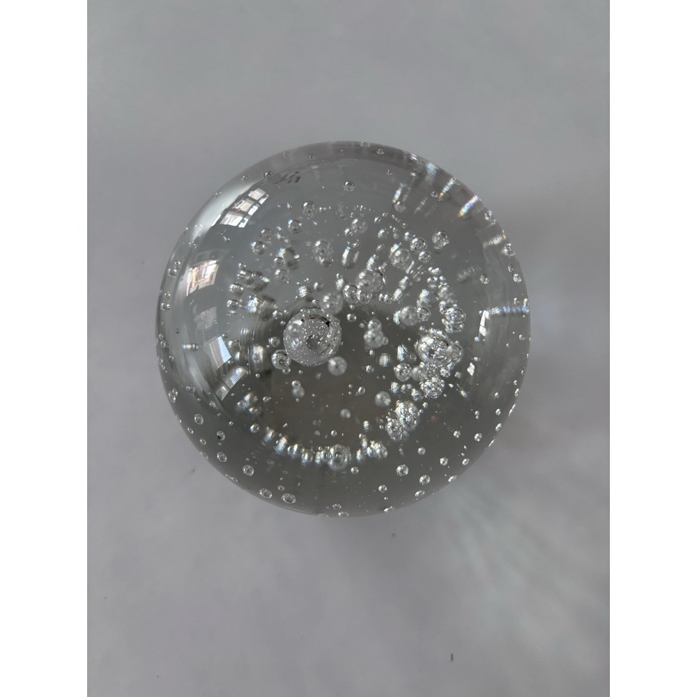 Vintage Clear Art Glass Murano Style Round Paperweight W Large Controlled Bubble